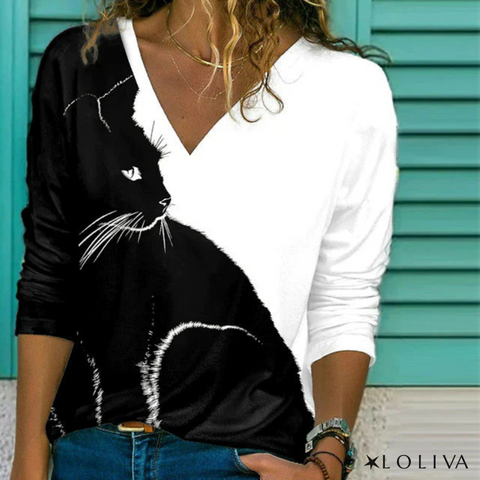 Loliva's - Katko® - T-shirt met kattenprint in contrasterende kleur!